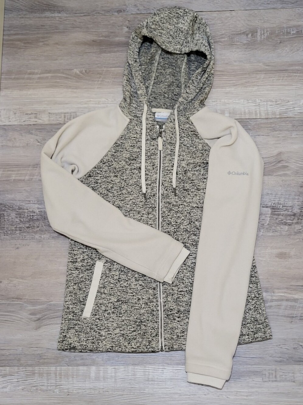 Columbia Womens Knit Fleece Full Zip Hoodie Medium Cream Grey Colorblock